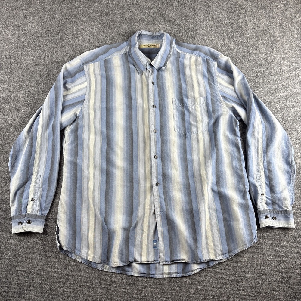 Tommy Bahama 100% Silk Tonal Multi Stripe Long Sleeve Shirt Men's XL Blue